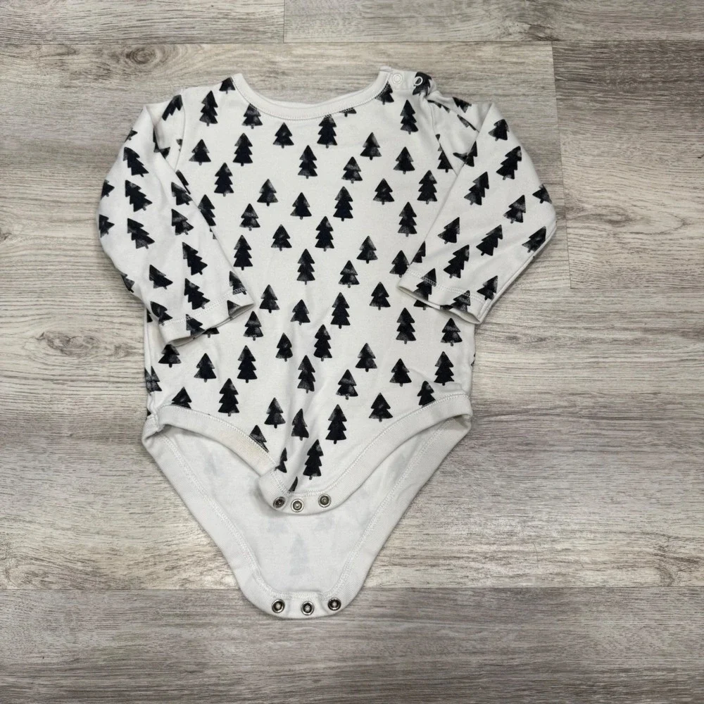 Gymboree Baby Long Sleeve Pine Tree Print Bodysuit White Black 12-18 Months